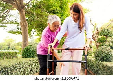 Elderly Mother Takes Care Daughter Injured In A Car Accident And Walks With Walker Rehabilitate Herself And Her Mind : Daughter Was Encouraged Mother Helped Nurses With Leg Injuries Return To Walking.