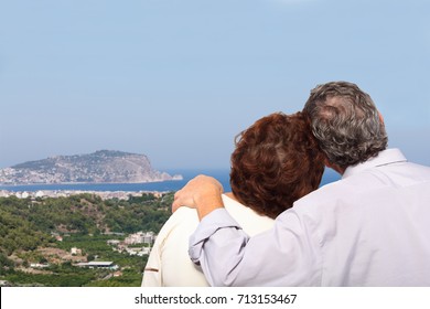 Elderly pair look at sea coast at summer day, back view, collage