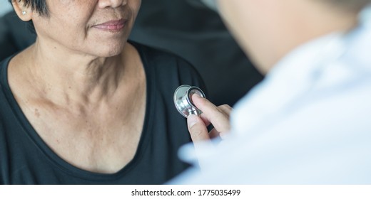 Elderly Patient Heart Health Check By Medical Geriatric Doctor For Awareness In Stroke Systolic High Blood Pressure, Hypertension, Hypotension And Cardiovascular Disease In Aged Senior Older Woman