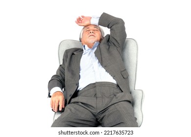 Elderly Patients On Sofa , Asian Senior Man , Old Man Patients Headache Hands On Forehead Isolate On White Background - Medical And Healthcare Concept