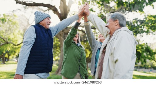 Elderly people, high five and teamwork in nature support, trust or motivation together for outdoor community. Mature or retired group touching hands in team building, collaboration or unity at park - Powered by Shutterstock