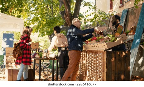 Elderly person looking to buy natural produce from african american vendor, talking about healthy nutrition and local products. Senior man buying fruits and vegetables at market stand.