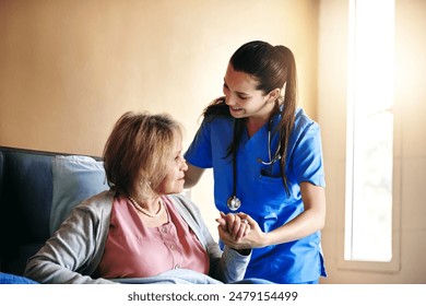 Elderly person, nurse and support in bed at nursing home for medical or healthcare with love. Senior woman, caregiver and help at retirement facility for empathy, wellness and care with kindness - Powered by Shutterstock