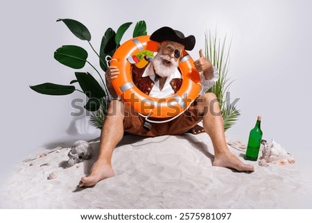 Elderly pirate posing joyfully on sandy beach with tropical plants, wearing a buccaneer costume, enjoying an adventurous maritime theme.