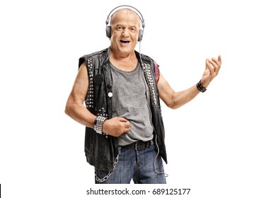 Elderly Punker Wearing Headphones And Playing Air Guitar Isolated On White Background