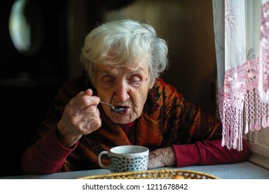 Elderly Grayhaired Pensioner Woman Drinking Tea Stock Photo (Edit Now ...