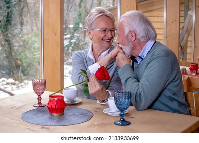 An Elderly Romantic Couple Celebrating Their Anniversary In The Restaurant. A Gentleman With A Rose, Kissing The Hand Of His Chosen One.