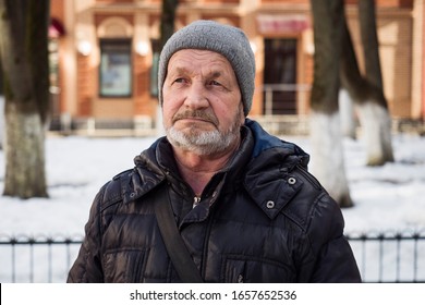 Elderly Sad Tired Man On A City Street In Winter, Real People Every Day Life