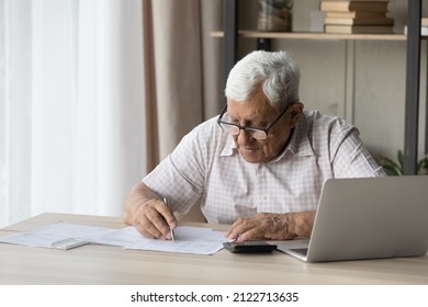 Elderly Senior 80s Man In Glasses Doing Paperwork At Home, Reviewing Tenants Domestic Papers, Checking Invoices, Bills For Insurance Fees, Taxes, Calculating Monthly Expenses, Writing Notes