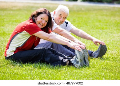 Elderly Senior Couple Doing Stretching Exercise In Park