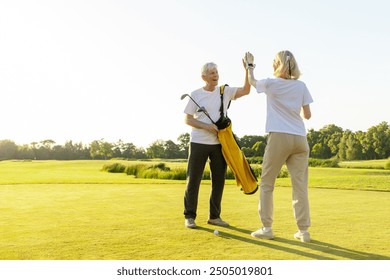 elderly senior couple in uniform celebrating victory and success in golf game and giving high five, old man and woman playing golf on golf course at sunset and doing outdoor sports - Powered by Shutterstock