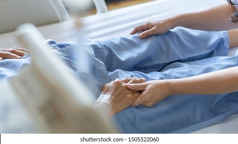 Elderly Senior Patient (ageing Old Adult Person) Lying In Hospital Bed With Family Caregiver Or Caretaker Nurse In Nursing Hospice, Geriatrician Palliative Home Having  Medical Health Care Service
