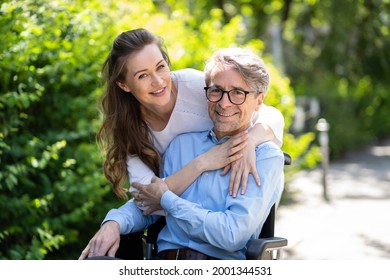 Elderly Senior Patient Care Outside. Older Man In Wheelchair
