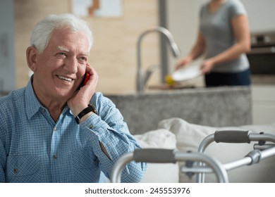 Elderly Sick Man Talking The Mobile Phone