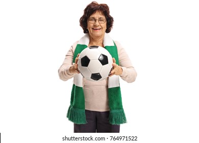 Elderly Soccer Fan With A Scarf And A Football Isolated On White Background