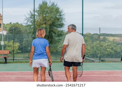 elderly tennis couple is seen from behind as they leave the court after completing their match. Their relaxed posture reflects the conclusion of an engaging game together on a sunny day - Powered by Shutterstock