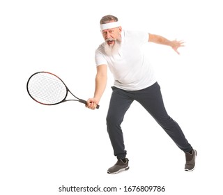 Elderly Tennis Player On White Background