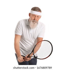 Elderly Tennis Player On White Background