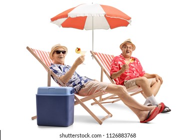 Elderly tourists with cocktails sitting in deck chairs isolated on white background - Powered by Shutterstock