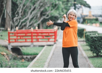 Elderly, white-haired Asian woman exercising in the park early in the morning. - Shutterstock ID 2264635651