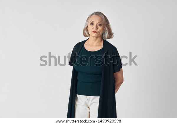 Elderly Woman Black Sweater White Trousers Stock Photo Edit Now