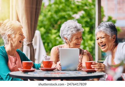 Elderly woman, cafe and friends with tablet for memory, bonding and laughing while drinking coffee. Senior people, restaurant and relax with technology for internet, joke and social media with tea - Powered by Shutterstock