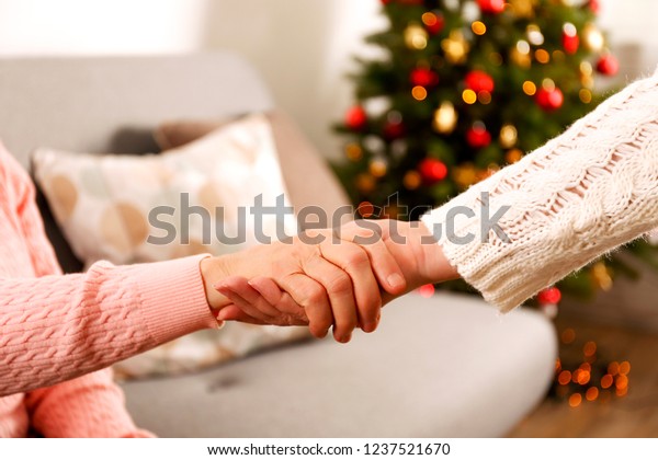 Elderly Woman Celebrating Christmas Home Decorated People