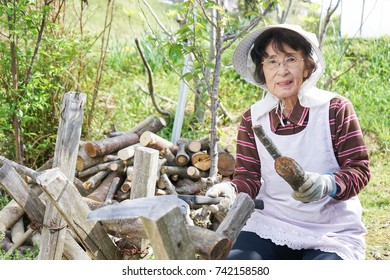 Elderly Woman Chopping Firewood