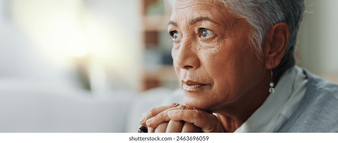 Elderly woman, closeup and thinking with cane for mental health, retirement and healthcare at nursing home. Senior person with disability, walking stick and sad on sofa for arthritis or dementia - Powered by Shutterstock