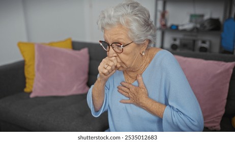 Elderly woman coughing while sitting on a sofa in a living room, expressing discomfort or illness. - Powered by Shutterstock