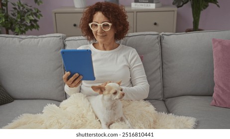 An elderly woman with curly hair and glasses relaxes on a sofa with a white chihuahua dog on her lap while using a blue tablet in a cozy living room. - Powered by Shutterstock