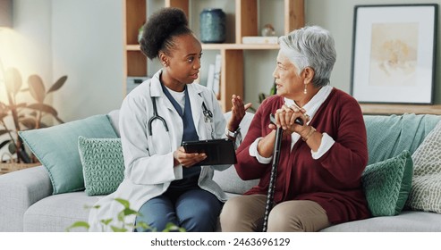 Elderly, woman and doctor with tablet for consultation with expert advice, explaining and healthcare support. Senior patient, nurse and discussion in nursing home, medical diagnosis and assessment - Powered by Shutterstock