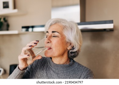 Elderly Woman Drinking Fresh Tap Water From A Glass. Grey-haired Mature Woman Staying Healthy And Hydrated At Home.