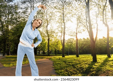 Elderly woman explores forest, enjoying nature, recreation, and sports amidst sunlight and trees. - Shutterstock ID 2364823099