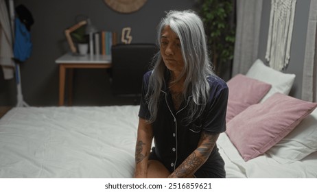 Elderly woman with grey hair sitting on a bed in a bedroom with a thoughtful expression, surrounded by pillows and a desk in the background. - Powered by Shutterstock