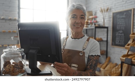 Elderly woman with grey hair smiling while working at a cash register in a cozy indoor bakery shop with bread and cookies in the background - Powered by Shutterstock