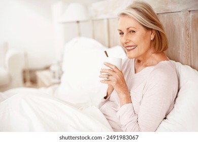 Elderly woman, happy and drinking tea in bedroom for relax or comfort on weekend with break, rest and reflection. Senior, female person and remembering in thinking, morning routine and memory in home - Powered by Shutterstock