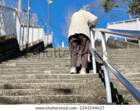 An elderly woman holding a handrail and going up the stairs