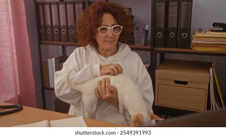 An elderly woman in a home office holds a chihuahua dog while sitting at a wooden desk surrounded by office supplies and shelves with organized binders. - Powered by Shutterstock