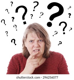 Elderly Woman Looking Confused With Question Marks Above Her Head