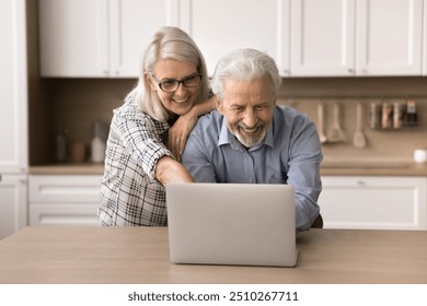 Elderly woman and man spends time in kitchen, looking at laptop screen, make on-line purchases, choose products on marketplace, watch video, read good news in e-mail. Older generation use modern tech - Powered by Shutterstock