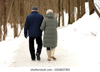 Elderly woman and man walking in winter park, rear view. Old couple in warm clothes during snow weather, concept of old age - Powered by Shutterstock