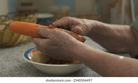 Elderly woman peeling carrot while sitting in modest kitchen. Hands close-up. - Powered by Shutterstock