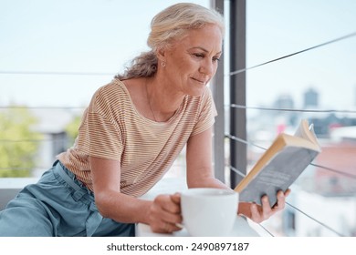 Elderly woman, reading book and relax with coffee on sofa for learning, knowledge or comfortable on balcony. Caffeine, story and senior person with hot beverage for hobby, literature or peace at home - Powered by Shutterstock