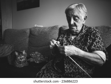Elderly woman sewing at home with her cat in one side.