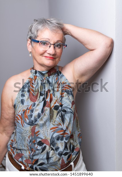 Elderly Woman Short Gray Hair Glasses People Technology Stock Image