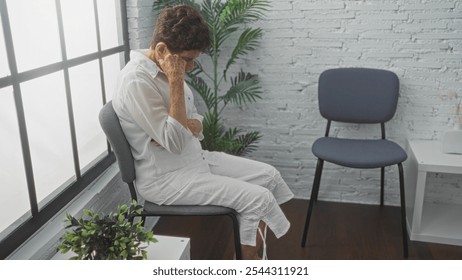 Elderly woman with short hair sits pensively in a waiting room, indoor setting, showcasing a modern and serene interior with plants and minimalist furniture. - Powered by Shutterstock