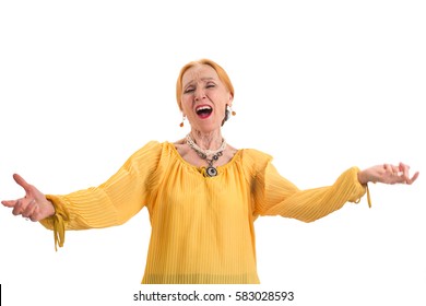 Elderly Woman Singing. Old Lady Isolated. Former Opera Singer.