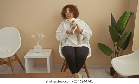 Elderly woman sits in a living room holding a small chihuahua, showcasing a cozy indoor home setting with modern furniture and decor. - Powered by Shutterstock