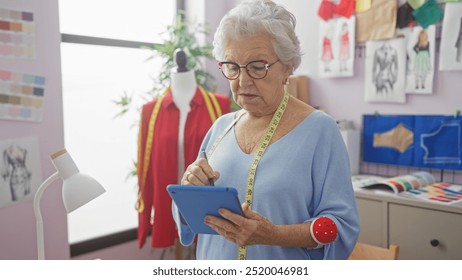 Elderly woman tailor in a design studio intently using a tablet, surrounded by mannequin and sewing materials. - Powered by Shutterstock